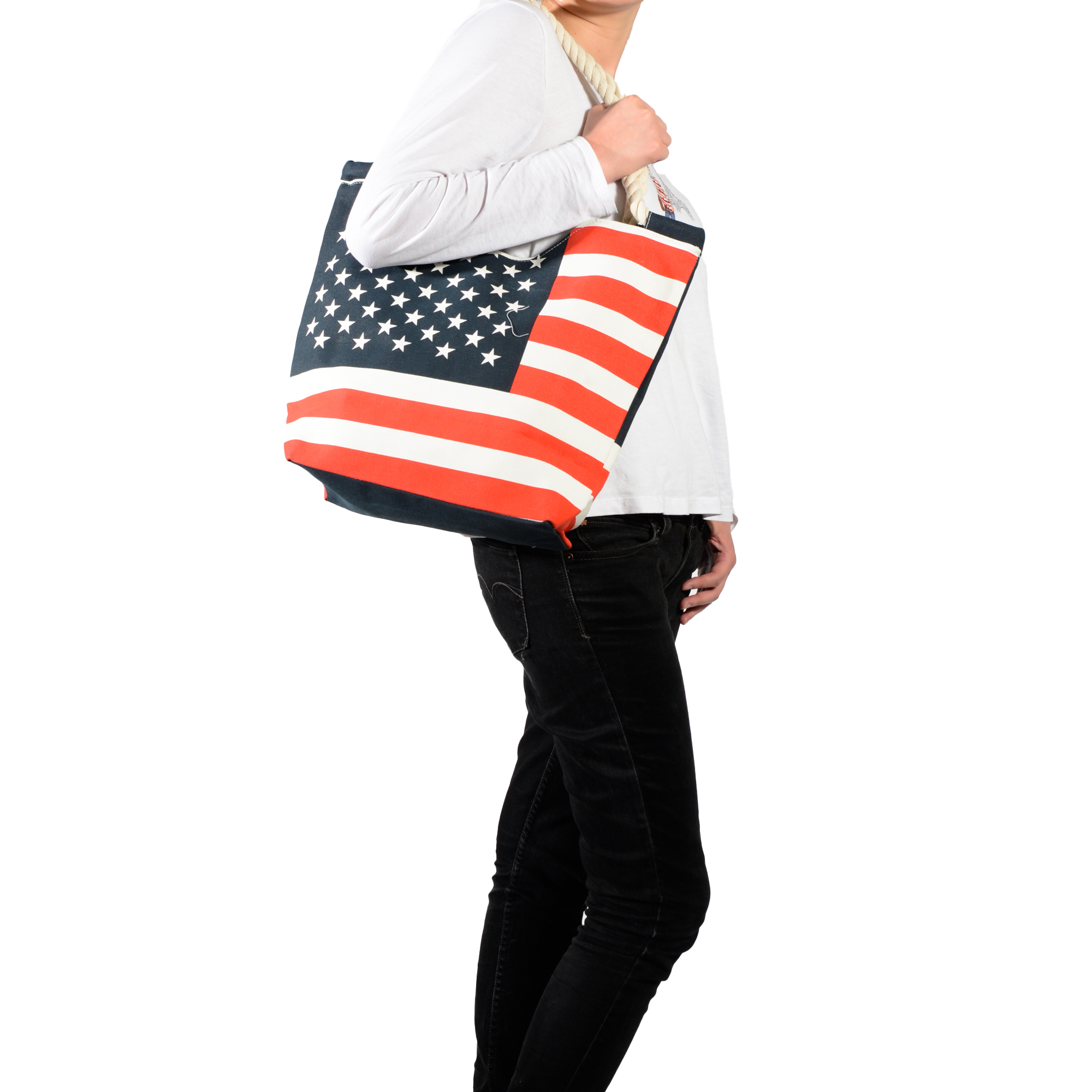Large USA Flag Canvas Tote Bag with Zipper - Durable Patriotic American Flag Beach Bag for Women, Washable Reusable Grocery Tote for 4th of July, Work, Travel - Image 2