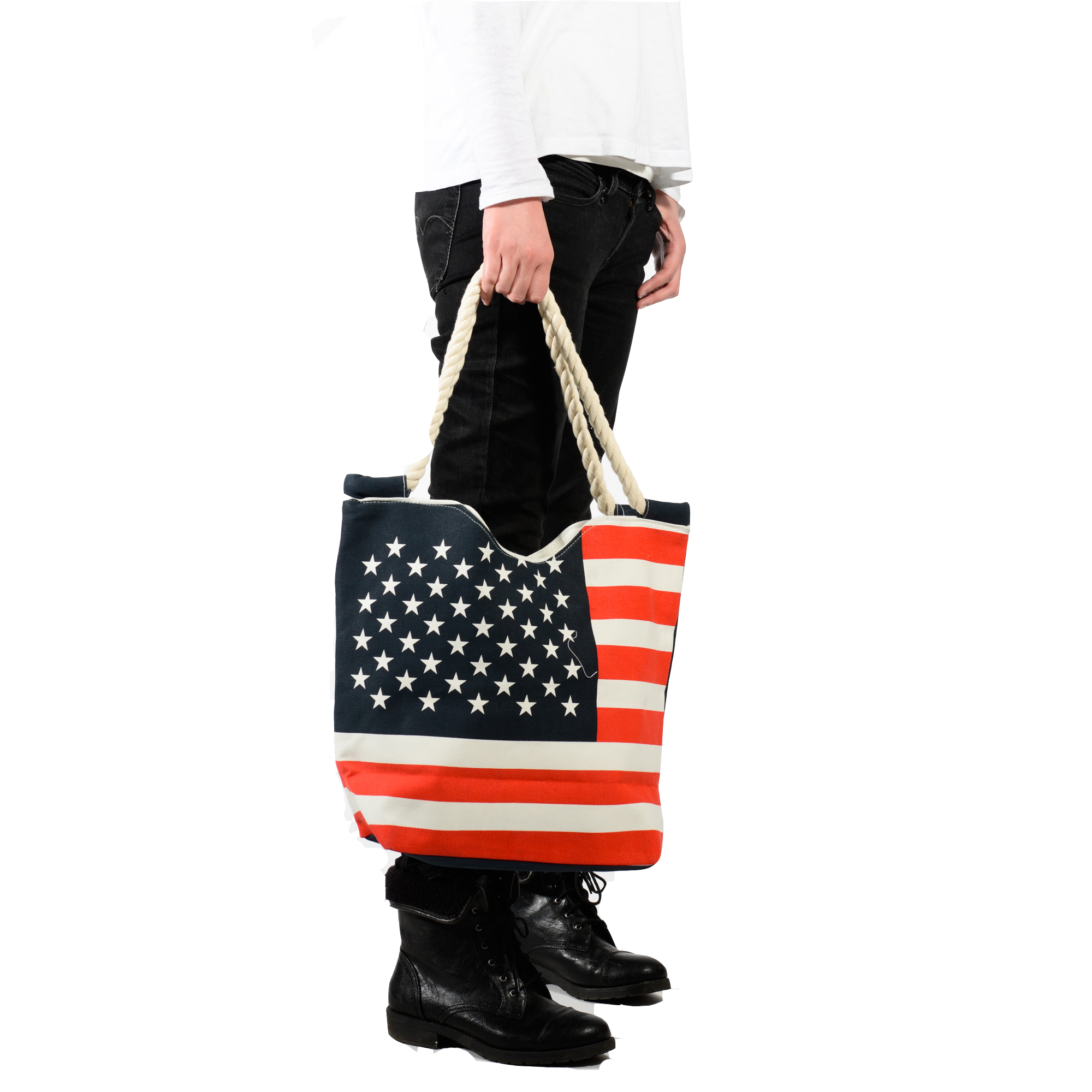 Large USA Flag Canvas Tote Bag with Zipper - Durable Patriotic American Flag Beach Bag for Women, Washable Reusable Grocery Tote for 4th of July, Work, Travel - Image 6