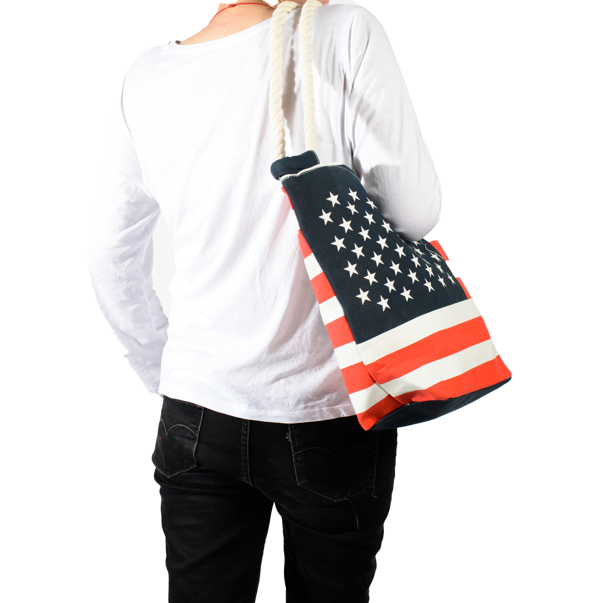 Large USA Flag Canvas Tote Bag with Zipper - Durable Patriotic American Flag Beach Bag for Women, Washable Reusable Grocery Tote for 4th of July, Work, Travel - Image 7