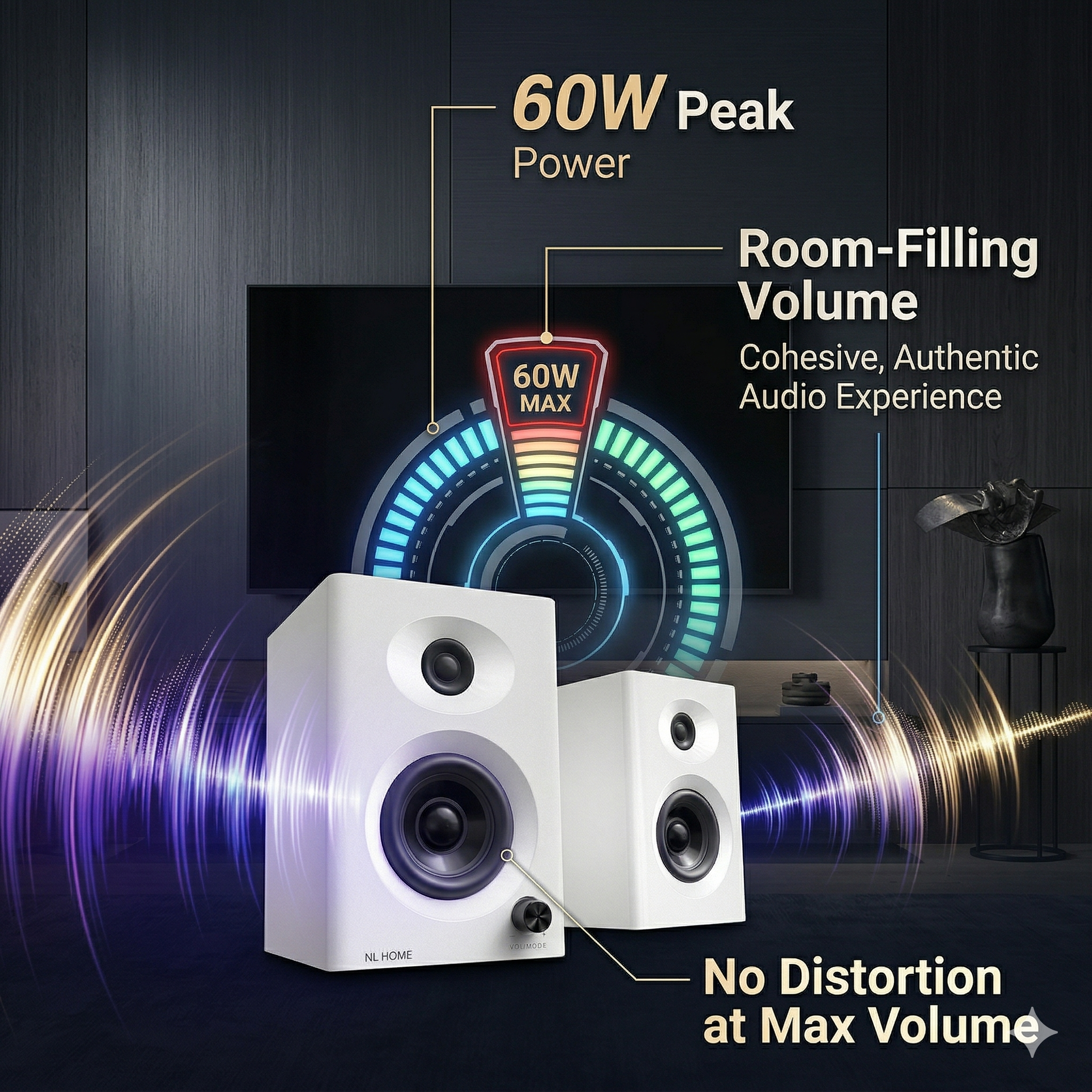 NL HOME 3" Active Bluetooth 5.3 Gaming Speakers - MDF Wooden Enclosure White Minimalist Desktop Speakers w/ RCA Input, for Computer PC & Turntable - Image 8