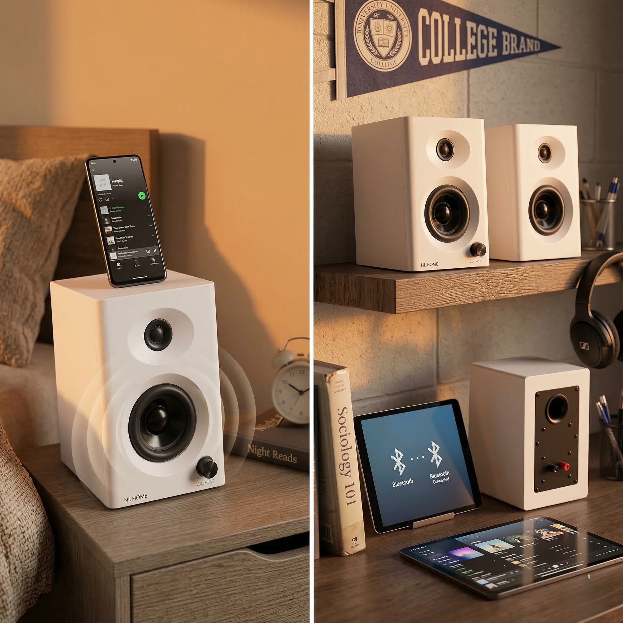NL HOME 3" Active Bluetooth 5.3 Gaming Speakers - MDF Wooden Enclosure White Minimalist Desktop Speakers w/ RCA Input, for Computer PC & Turntable - Image 4