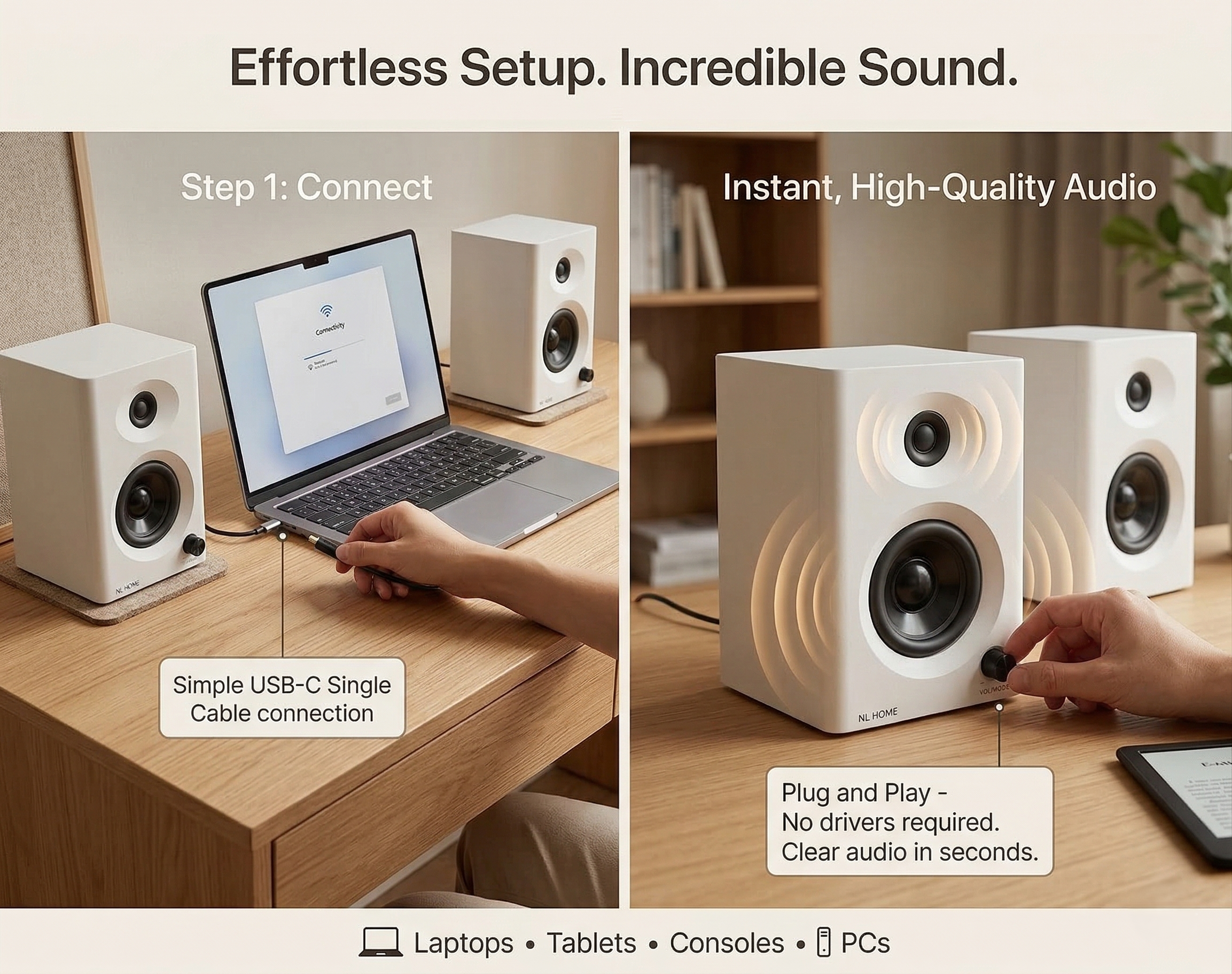 NL HOME 3" Active Bluetooth 5.3 Gaming Speakers - MDF Wooden Enclosure White Minimalist Desktop Speakers w/ RCA Input, for Computer PC & Turntable - Image 5
