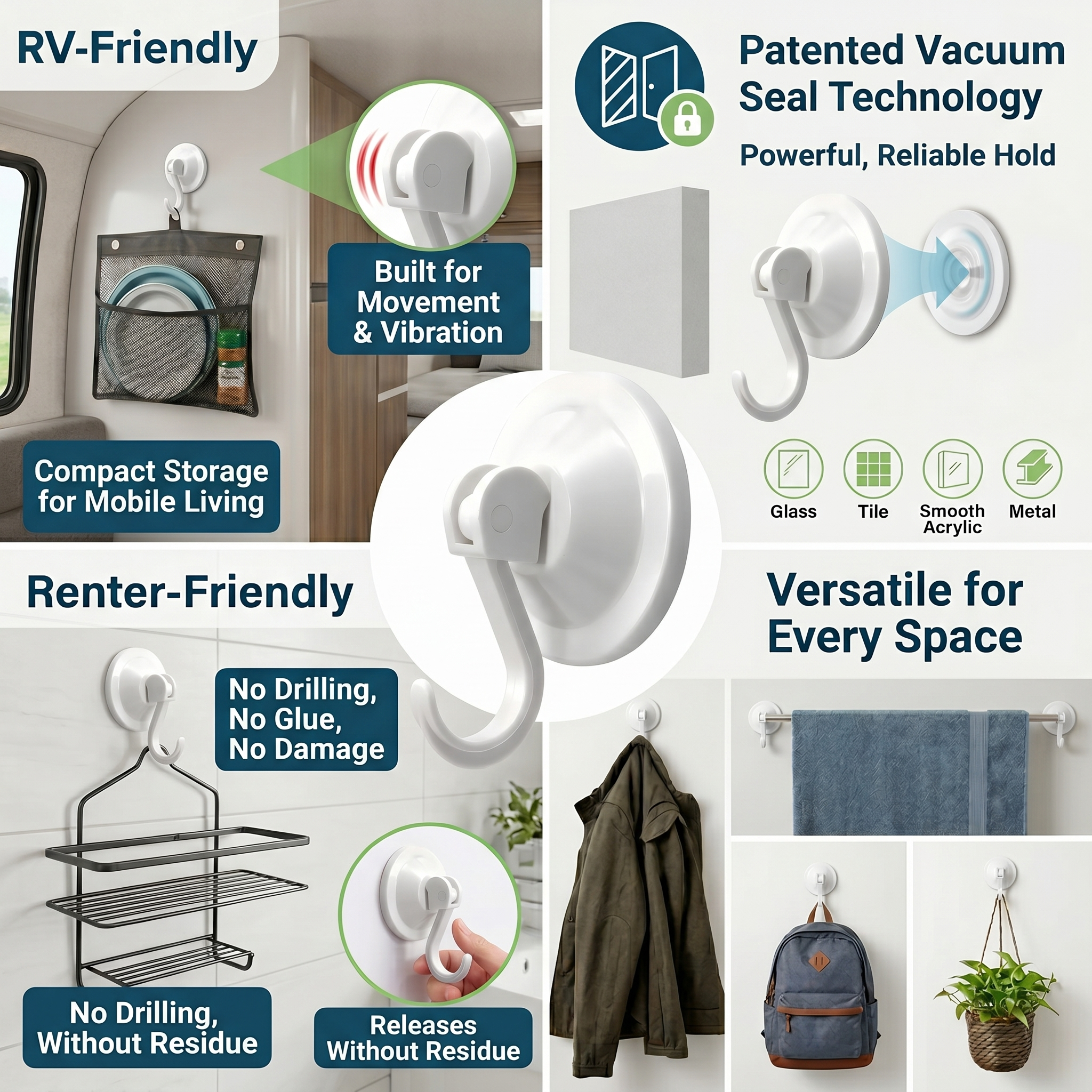Heavy Duty Suction Cup Hooks, Powerful Vacuum Wreath Hangers For Glass Door, Window, RV, Outdoor, Bathroom Shower & Kitchen, White - Image 6