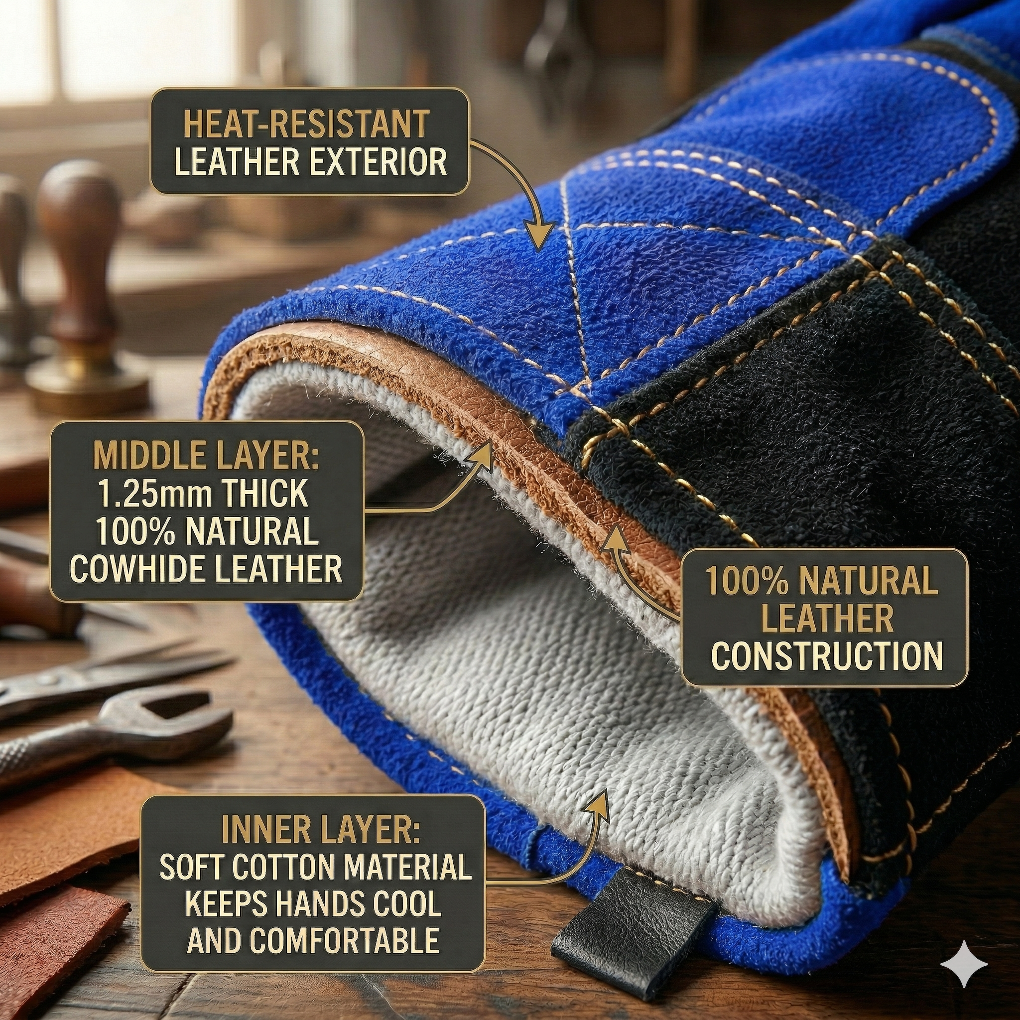NL HOME 932°F Fireproof Gloves & Fire Resistant Gloves, 16-Inch Premium Leather Welding Gloves for TIG/MIG, Forge, Wood Stove & BBQ - Image 4